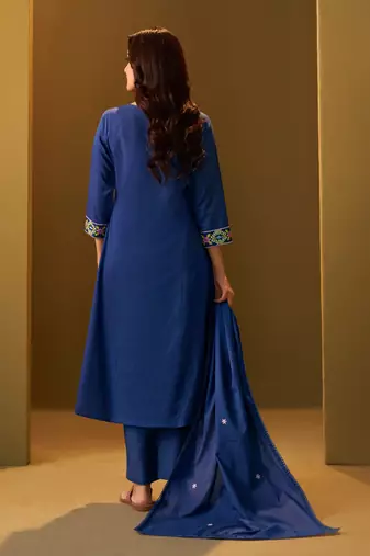 Navy blue pure cotton embroidered thread work ethnic kurta set with matching dupatta