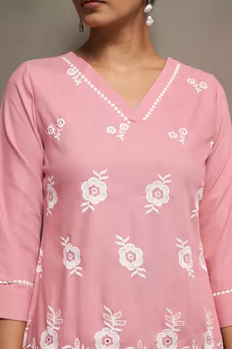 Pink pure cotton schiffli embroidered straight co-ord set