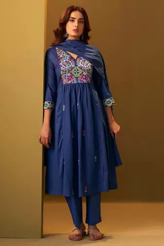 Navy blue pure cotton embroidered thread work ethnic kurta set with matching dupatta