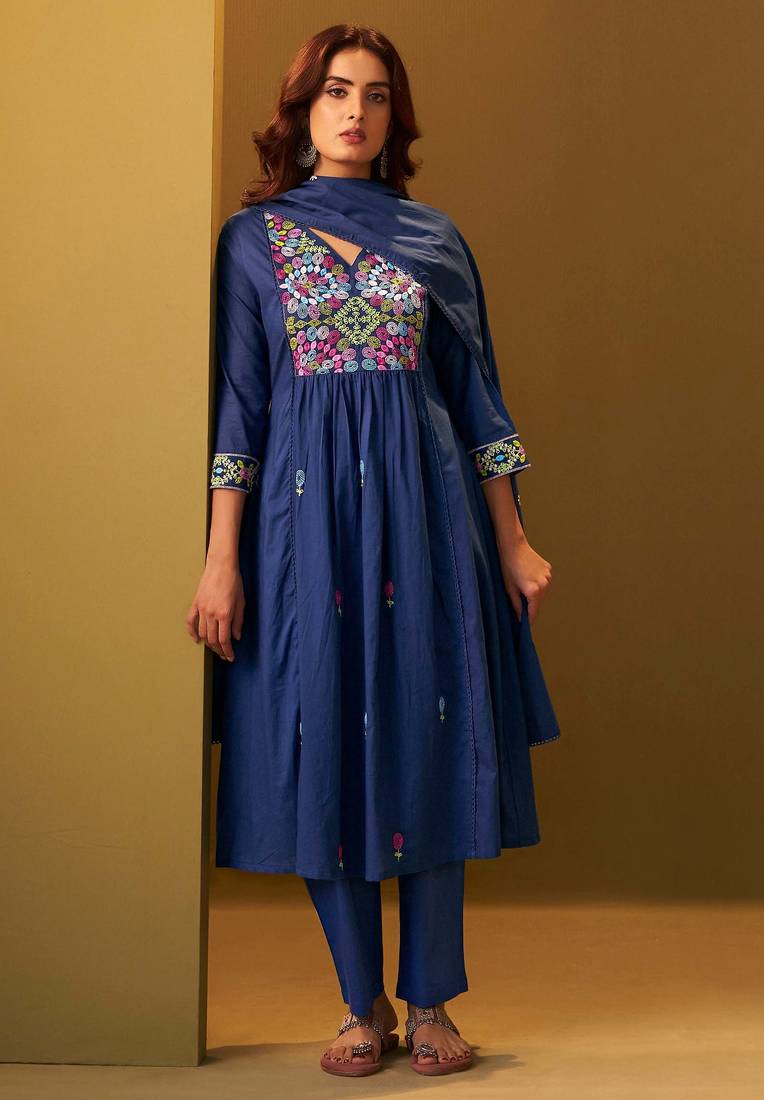 Navy blue pure cotton embroidered thread work ethnic kurta set with matching dupatta