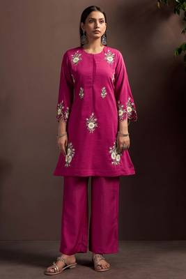 Dark pink embroidered roman silk co-ord set 1