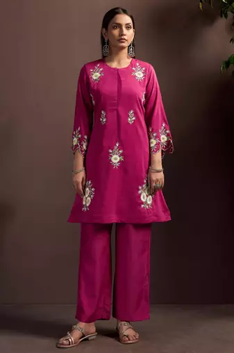 Dark pink embroidered roman silk co-ord set