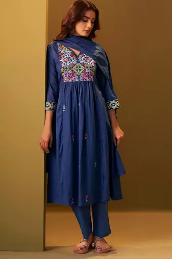 Navy blue pure cotton embroidered thread work ethnic kurta set with matching dupatta