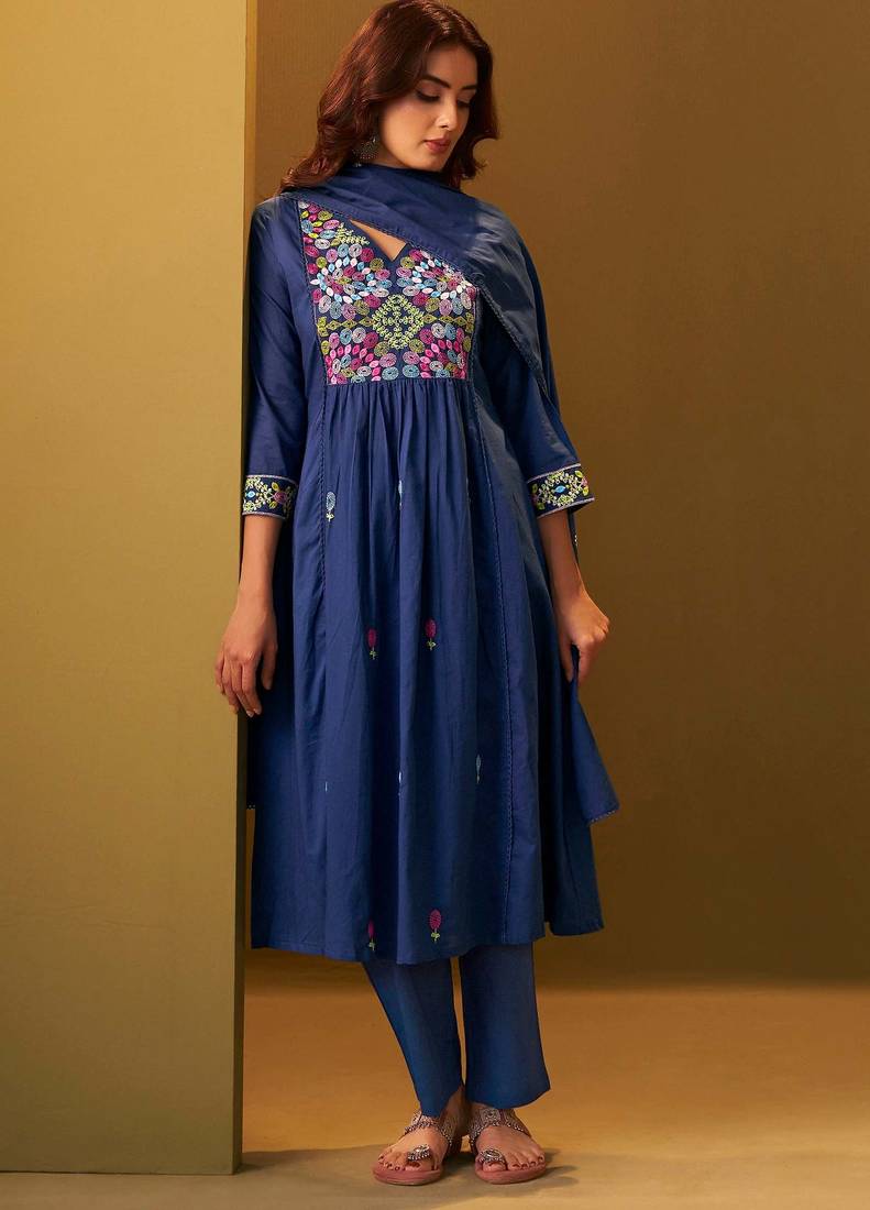 Navy blue pure cotton embroidered thread work ethnic kurta set with matching dupatta