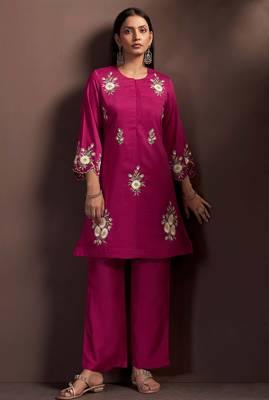 Dark pink embroidered roman silk co-ord set 3