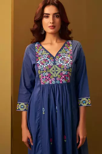 Navy blue pure cotton embroidered thread work ethnic kurta set with matching dupatta