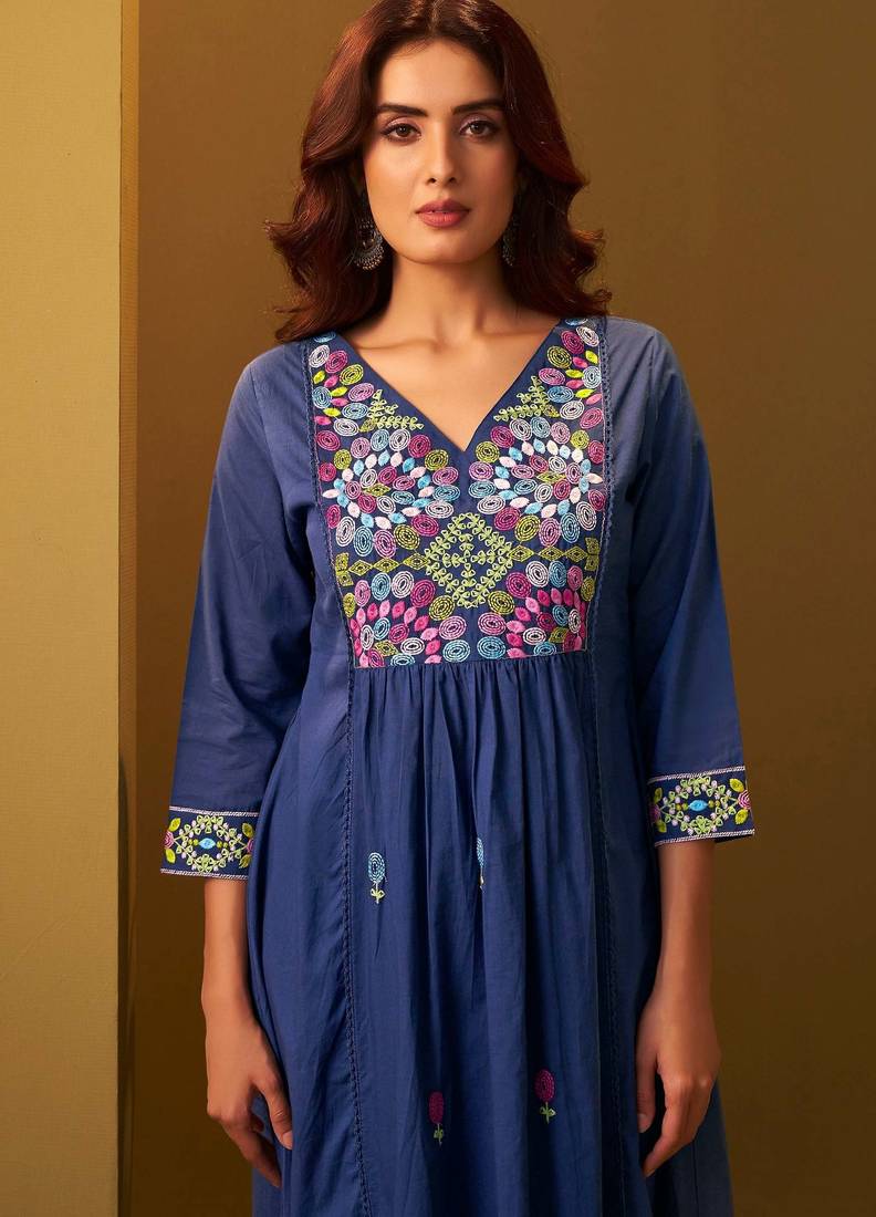 Navy blue pure cotton embroidered thread work ethnic kurta set with matching dupatta