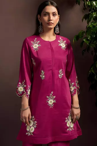 Dark pink embroidered roman silk co-ord set