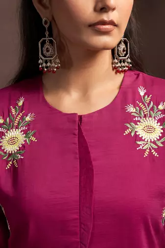 Dark pink embroidered roman silk co-ord set
