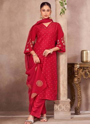 Red chinon embroidered dots printed ethnic kurta set with matching dupatta 1