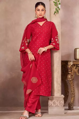 Red chinon embroidered dots printed ethnic kurta set with matching dupatta