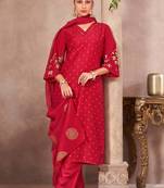 Red chinon embroidered dots printed ethnic kurta set with matching dupatta
