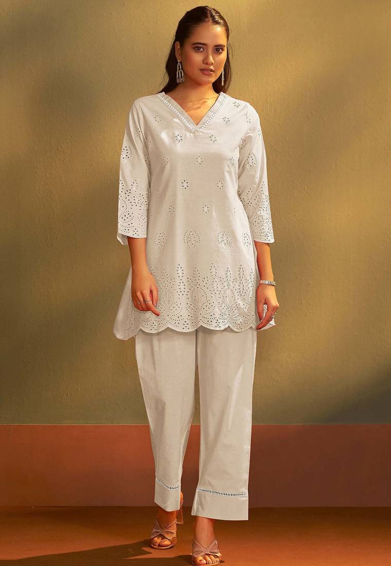 Cream pure cotton schiffli co-ord set