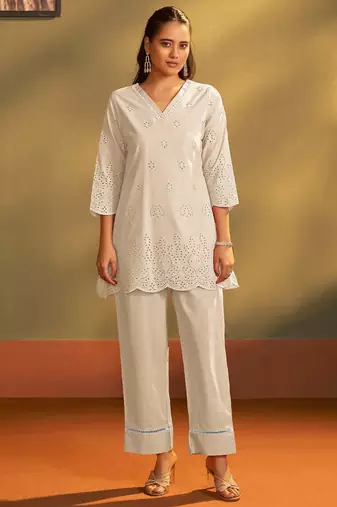 Cream pure cotton schiffli co-ord set