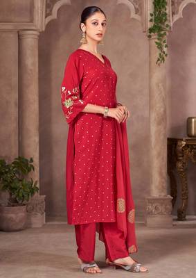 Red chinon embroidered dots printed ethnic kurta set with matching dupatta 2