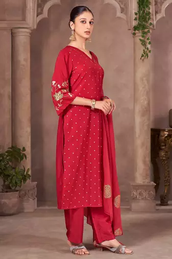 Red chinon embroidered dots printed ethnic kurta set with matching dupatta