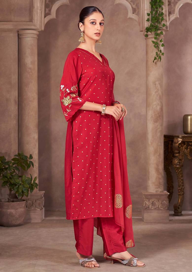 Red chinon embroidered dots printed ethnic kurta set with matching dupatta