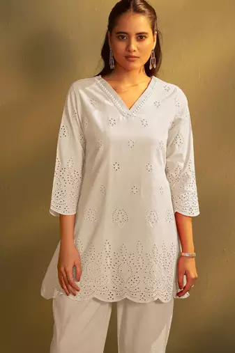 Cream pure cotton schiffli co-ord set