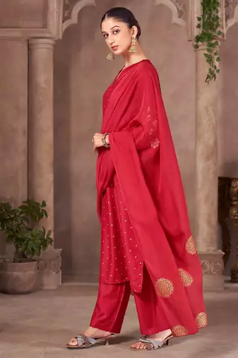 Red chinon embroidered dots printed ethnic kurta set with matching dupatta