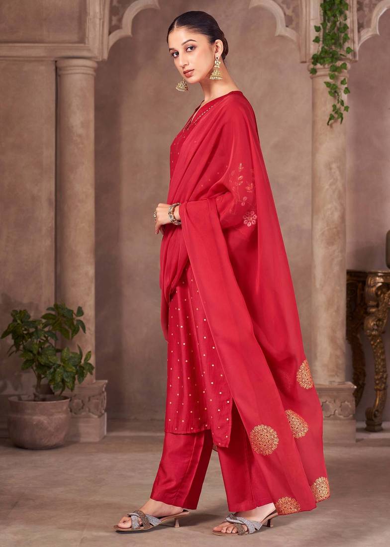 Red chinon embroidered dots printed ethnic kurta set with matching dupatta