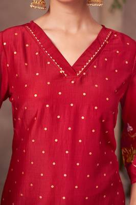Red chinon embroidered dots printed ethnic kurta set with matching dupatta 4