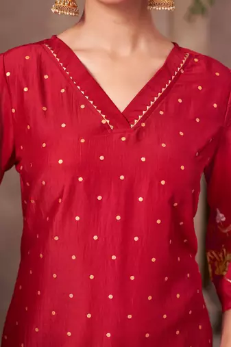 Red chinon embroidered dots printed ethnic kurta set with matching dupatta