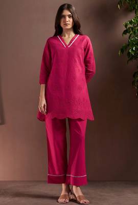 Dark pink pure cotton schiffli co-ord set 1
