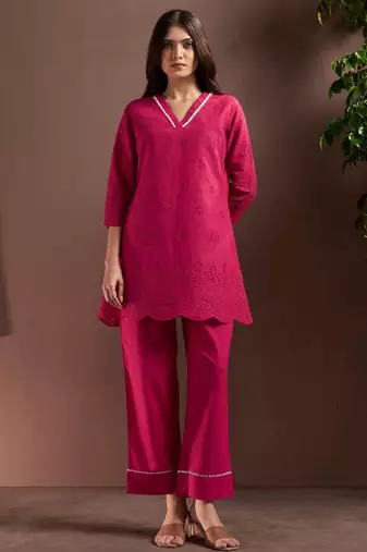 Dark pink pure cotton schiffli co-ord set