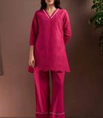 Dark pink pure cotton schiffli co-ord set
