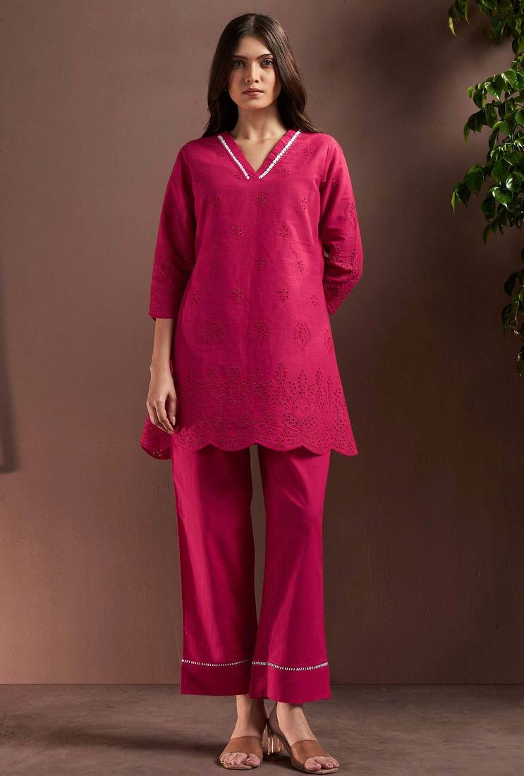 Dark pink pure cotton schiffli co-ord set