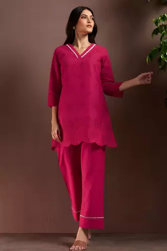Dark pink pure cotton schiffli co-ord set