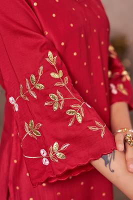 Red chinon embroidered dots printed ethnic kurta set with matching dupatta 5