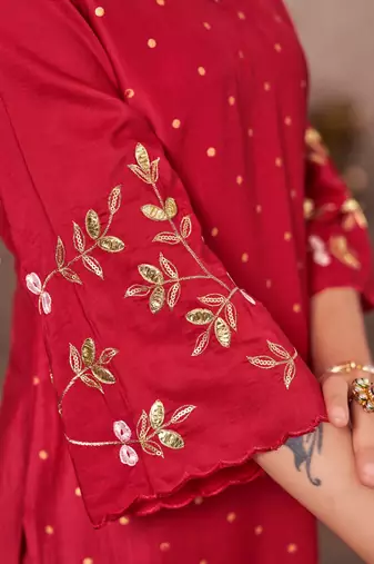 Red chinon embroidered dots printed ethnic kurta set with matching dupatta