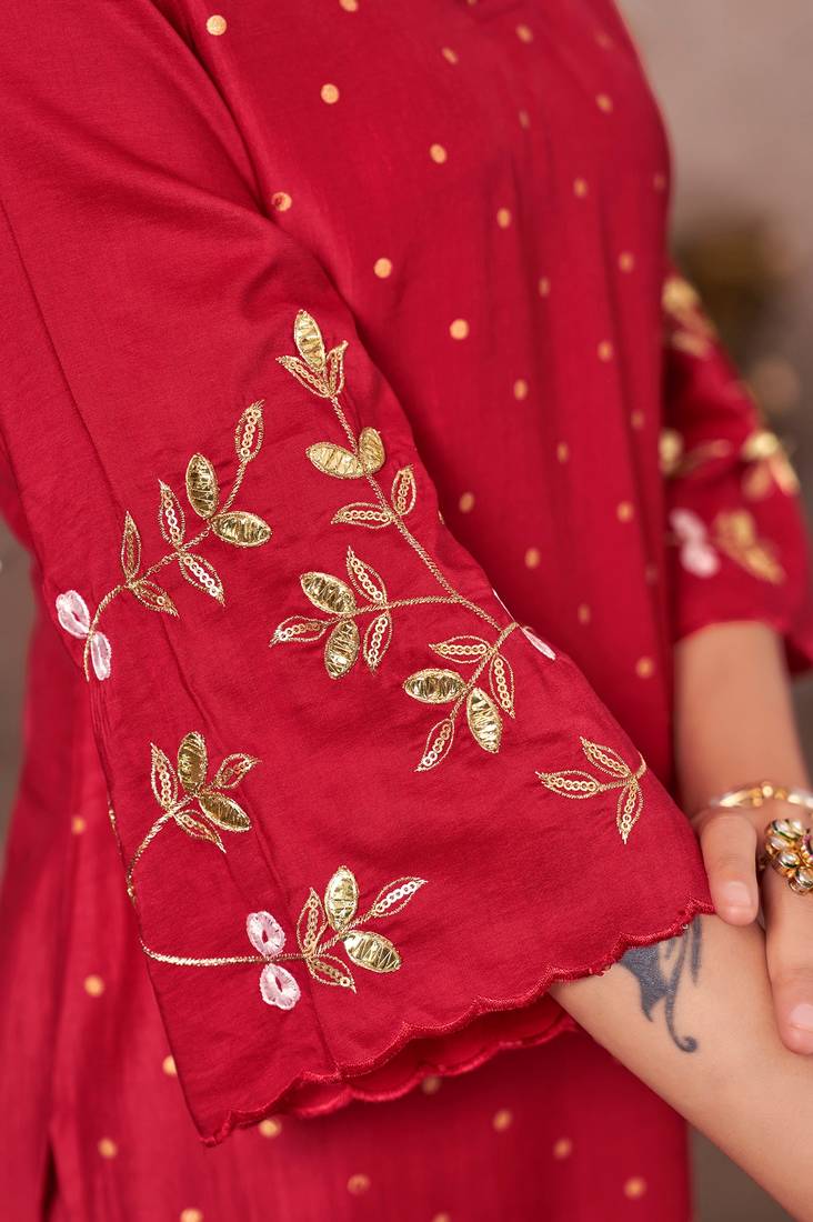 Red chinon embroidered dots printed ethnic kurta set with matching dupatta