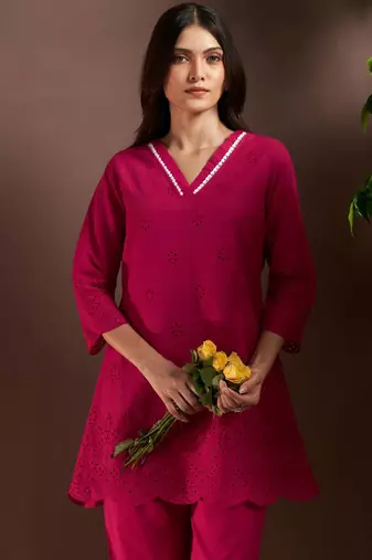 Dark pink pure cotton schiffli co-ord set