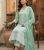 Green pure cotton embroidered thread work ethnic kurta set with matching dupatta