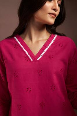 Dark pink pure cotton schiffli co-ord set 5