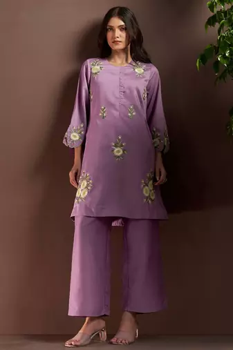 Lilac embroidered roman silk co-ord set