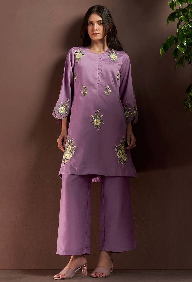 Lilac embroidered roman silk co-ord set