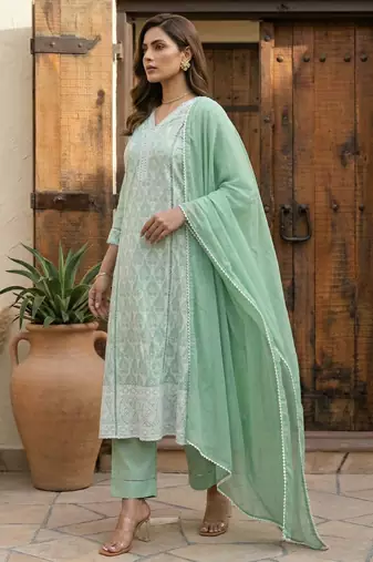 Green pure cotton embroidered thread work ethnic kurta set with matching dupatta