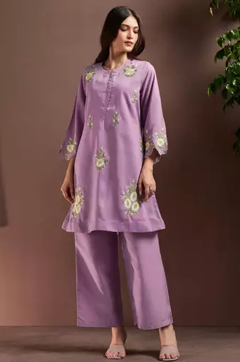 Lilac embroidered roman silk co-ord set