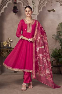 Pink georgette embroidered sequins work ethnic kurta set with matching dupatta 1
