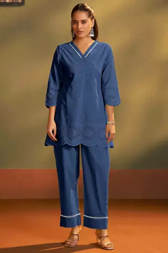 Pure cotton dark blue schiffli co-ord set