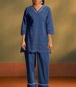 Pure cotton dark blue schiffli co-ord set