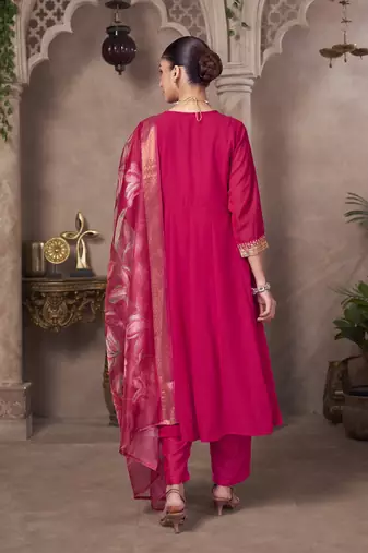 Pink georgette embroidered sequins work ethnic kurta set with matching dupatta