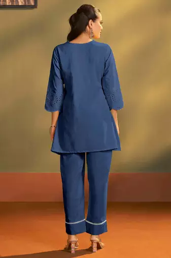 Pure cotton dark blue schiffli co-ord set