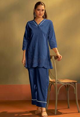 Pure cotton dark blue schiffli co-ord set 3
