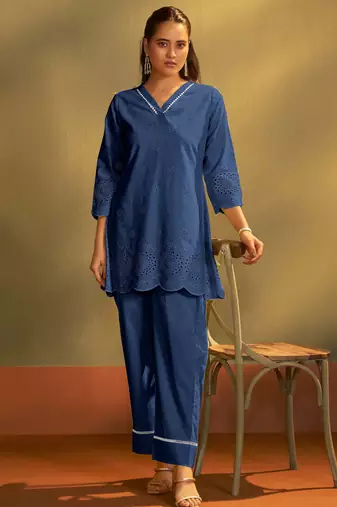 Pure cotton dark blue schiffli co-ord set