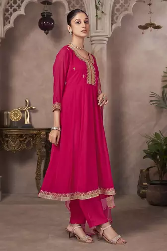 Pink georgette embroidered sequins work ethnic kurta set with matching dupatta