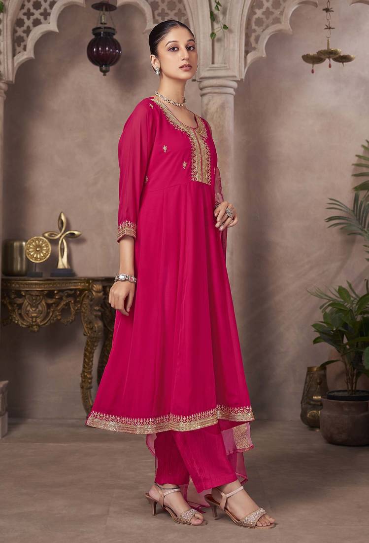 Pink georgette embroidered sequins work ethnic kurta set with matching dupatta